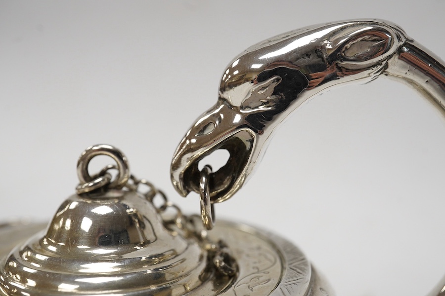 A Victorian silver combination inkwell and table lighter modelled as a lamp, by James Charles Edington, with glass well, no wick, London, 1852, 13.1cm. Condition - fair